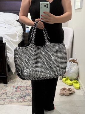 Naghedi Silver Woven Large Tote Bag - Spacious Metallic Carryall